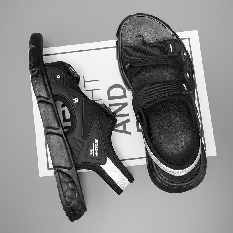 Black Men's Velcro Sport Sandals Breathable Non-Slip Beach Shoes