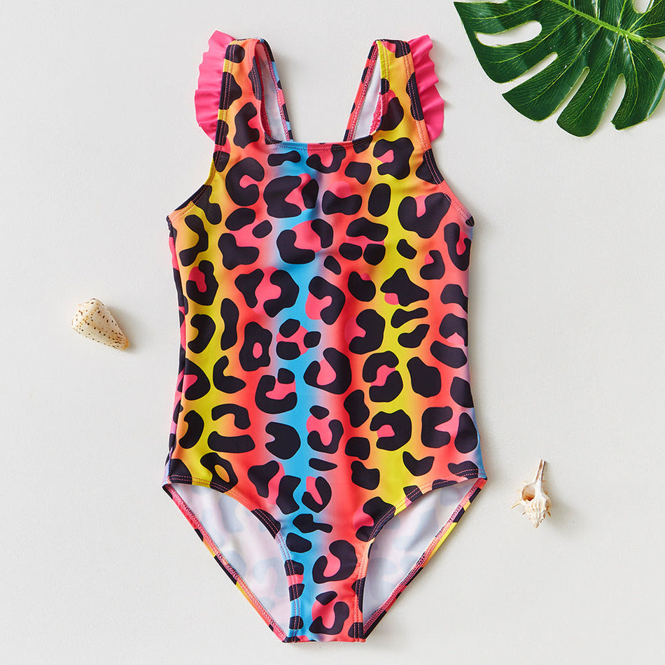 Girls Colorful Leopard Print One Piece Kids Swimsuit