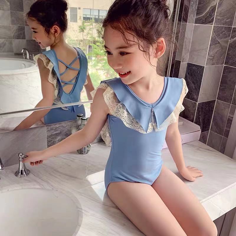 Girls Lace Ruffle One Piece Swimsuit Cute Cross Back Swimwear