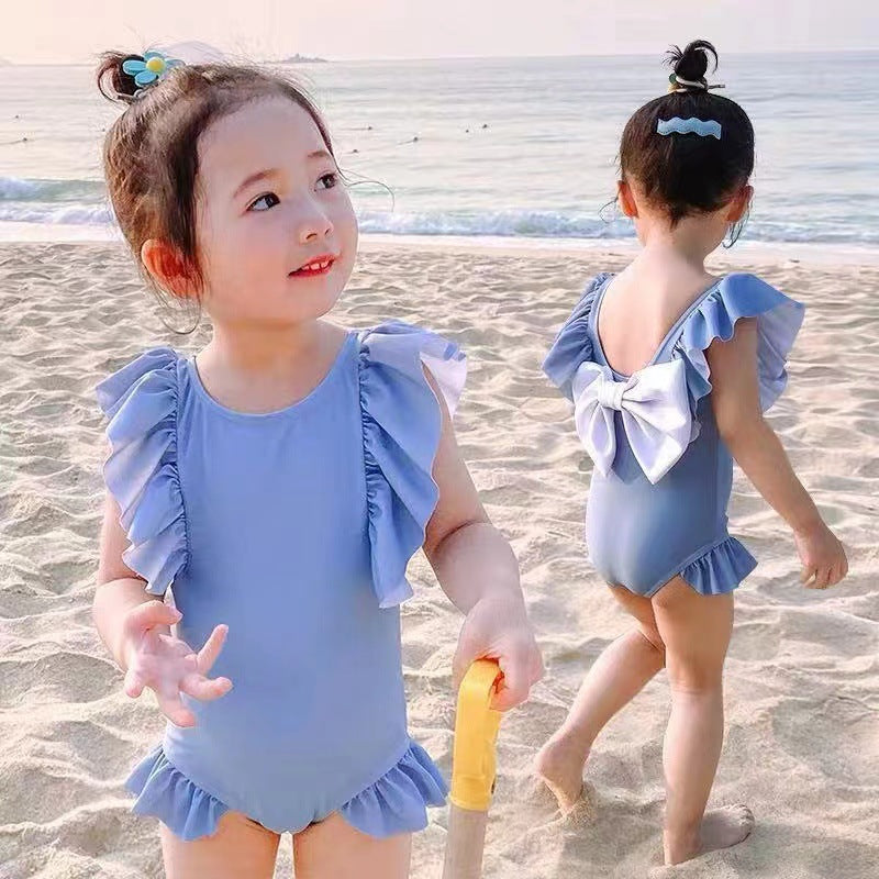 Girls Solid Color Bow One Piece Swimsuit Cute Korean Style