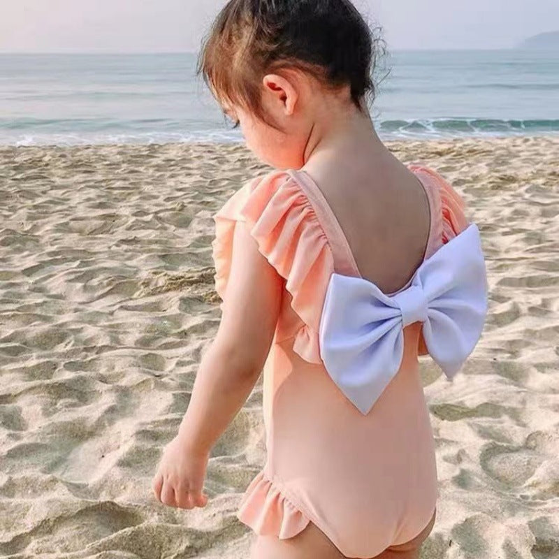 Girls Solid Color Bow One Piece Swimsuit Cute Korean Style