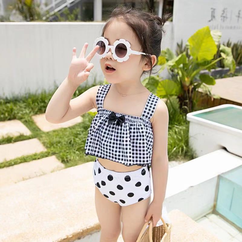 Girls Plaid Bow Two Piece Swimsuit Korean Style Kids Swimwear