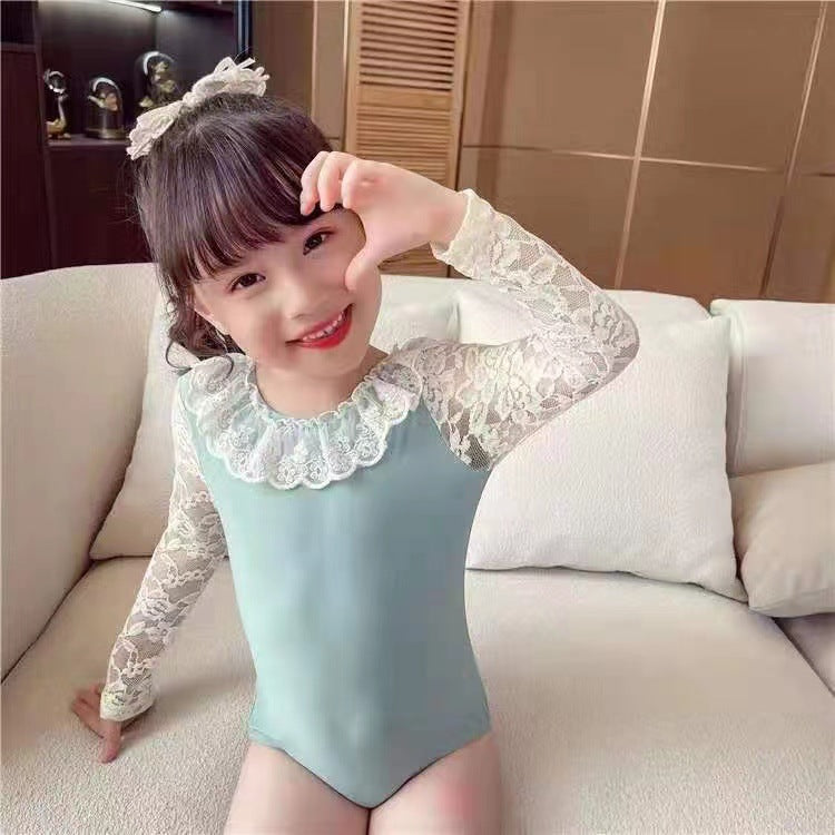 Girls Long Sleeve One Piece Swimsuit Korean Style Kids Swimwear