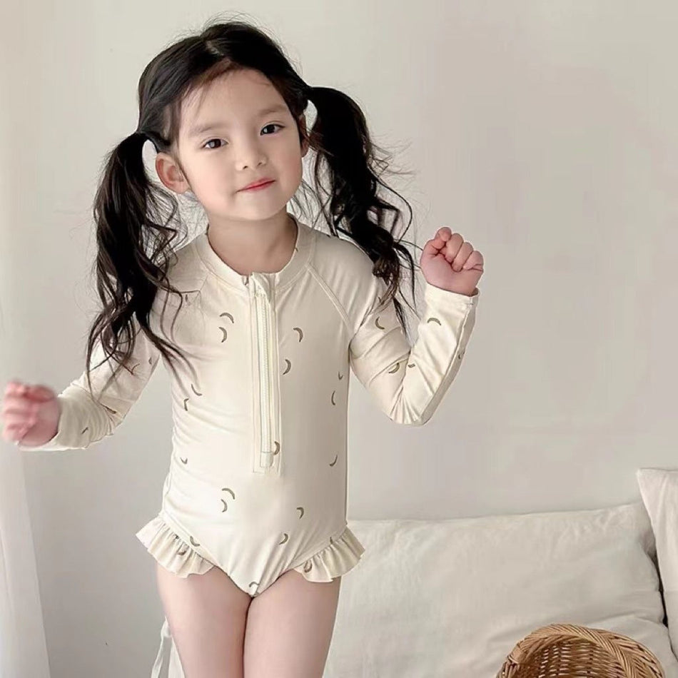 Girls Banana Print Long Sleeve One Piece Swimsuit Cute Kids