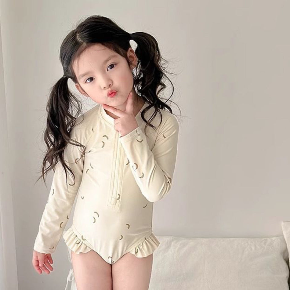 Girls Banana Print Long Sleeve One Piece Swimsuit Cute Kids