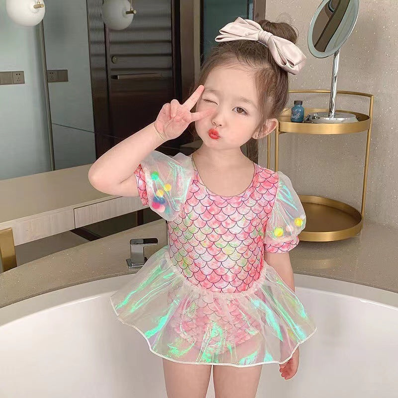 Girls Mermaid Fish Scale One Piece Skirt Swimsuit Kids Swimwear