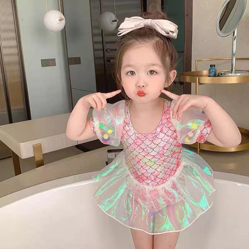 Girls Mermaid Fish Scale One Piece Skirt Swimsuit Kids Swimwear