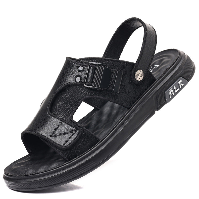 Black Men's Genuine Leather Soft Sole Sandals Non-Slip Beach Shoes