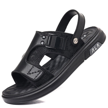 Black Men's Genuine Leather Soft Sole Sandals Non-Slip Beach Shoes