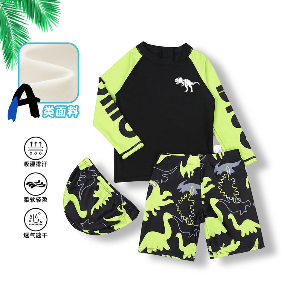 Boys Dinosaur Long Sleeve Three Piece Swimwear Set Quick Dry Kids