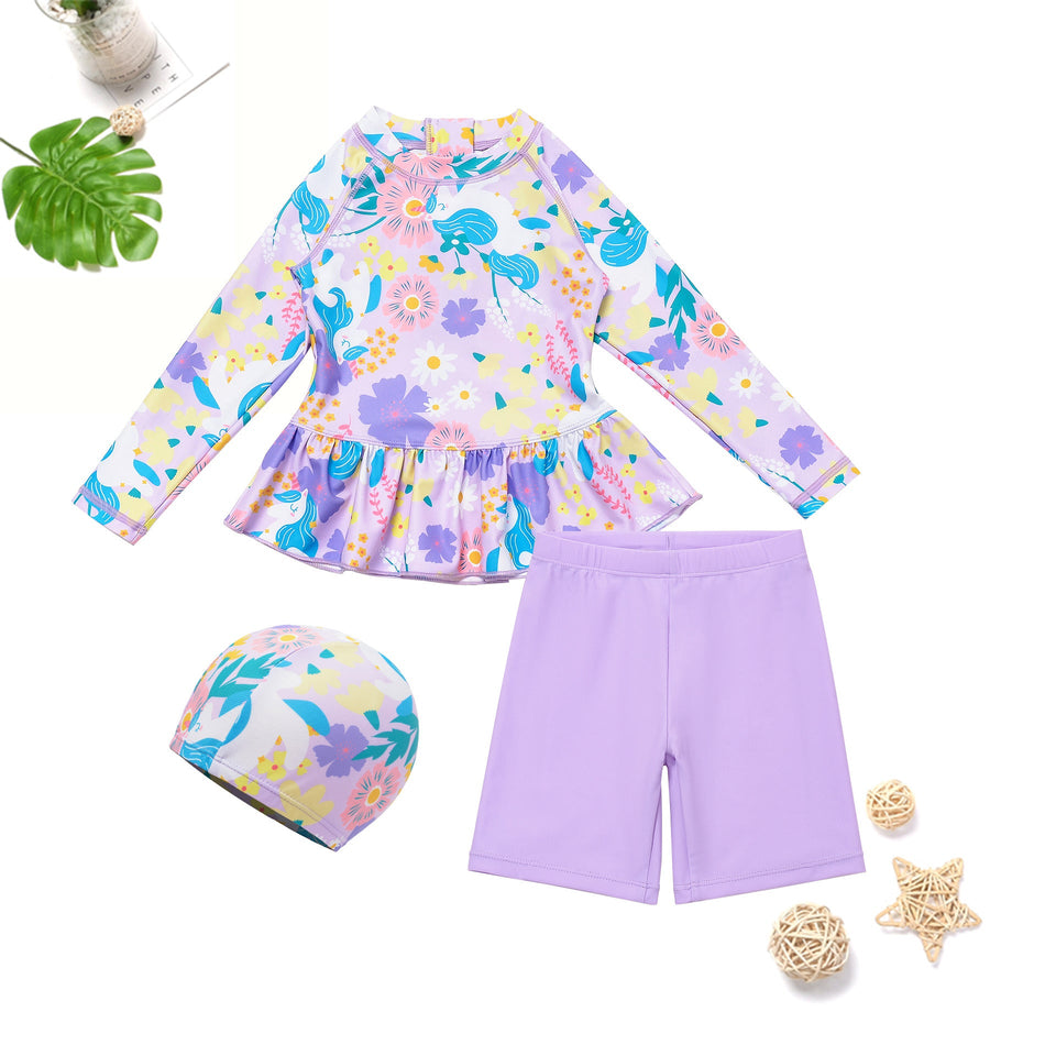 Girls Wisteria Flower Long Sleeve Skirt Swimwear Set UV
