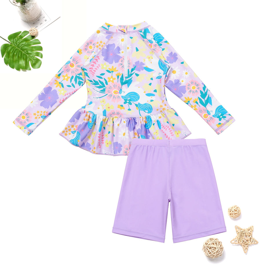 Girls Wisteria Flower Long Sleeve Skirt Swimwear Set UV