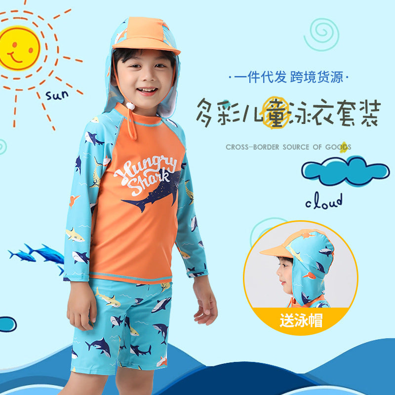 Boys Shark Long Sleeve Three Piece Swimwear Set UV Protection