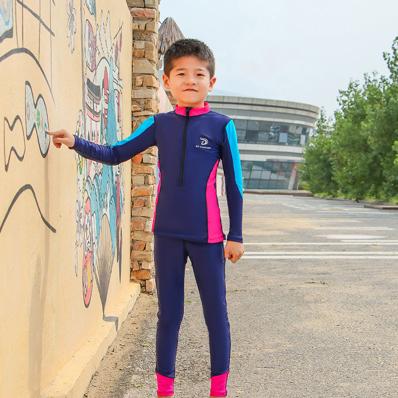 Boys Split One Piece Swimwear Solid Color UV Protection Swimsuit