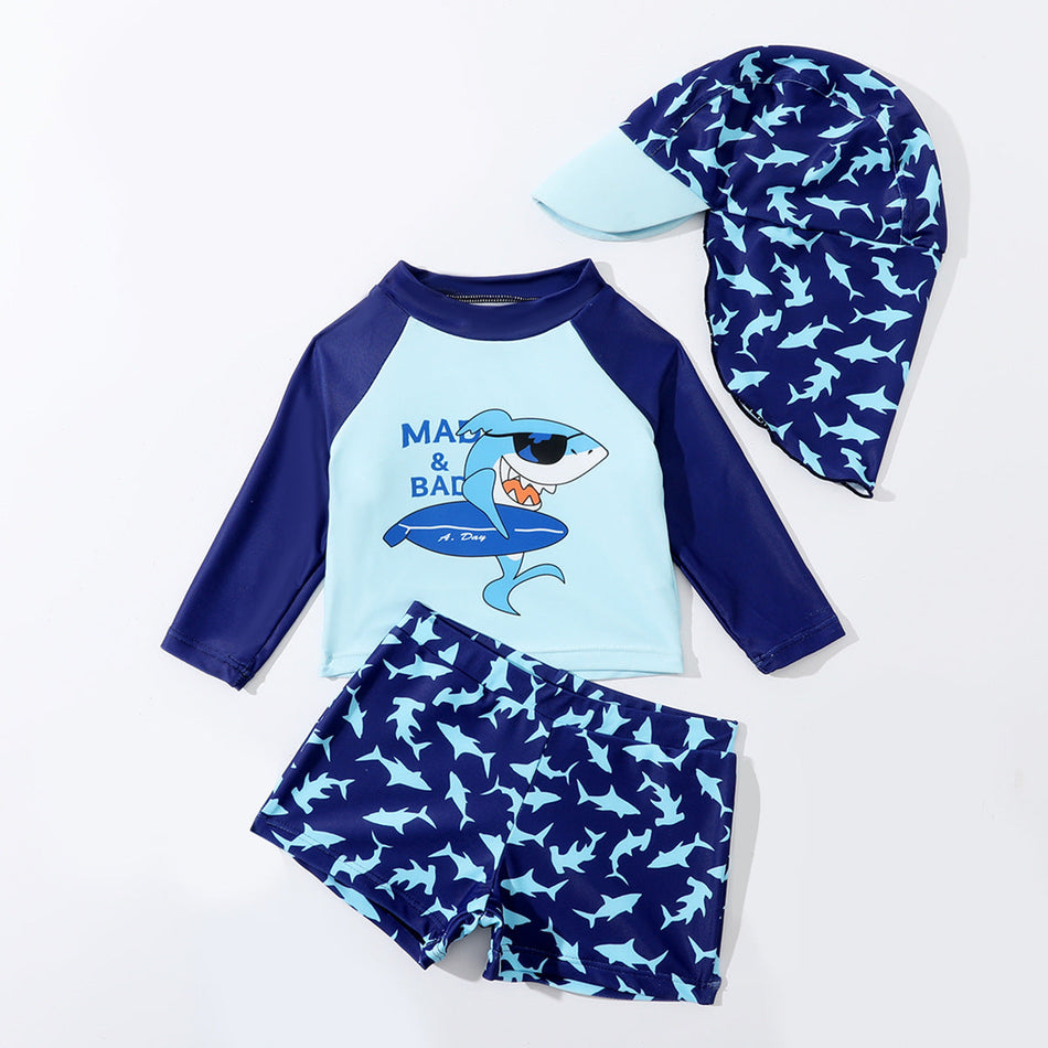 Boys Shark Split Long Sleeve Swimwear UV Protection Kids Set