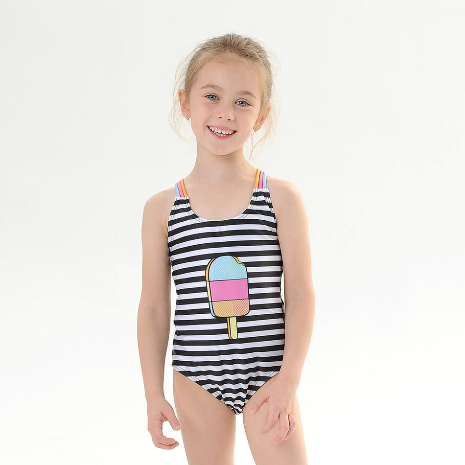 Girls Striped Ice Cream One Piece Swimsuit Kids Swimwear Soft Fit