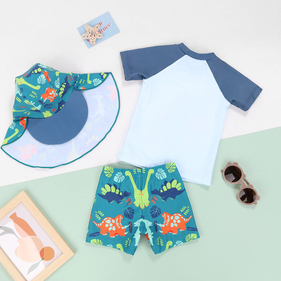 Kids Dinosaur Sun Protection Swimsuit Set with Hat