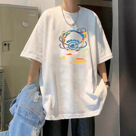 White Men's Combed Cotton Graphic T-Shirt Loose Fit Streetwear Tee