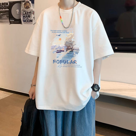 White Men's Combed Cotton Graphic T-Shirt Loose Fit Casual Tee