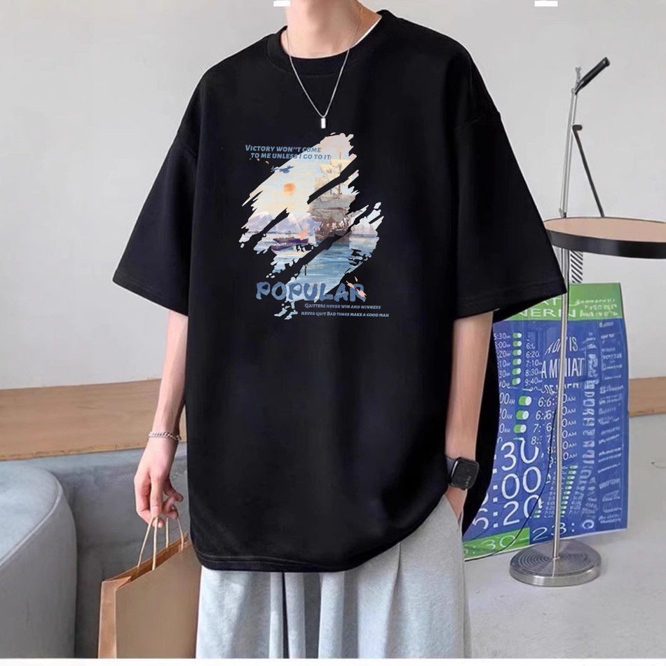 Men's Combed Cotton Graphic T-Shirt Loose Fit Casual Tee