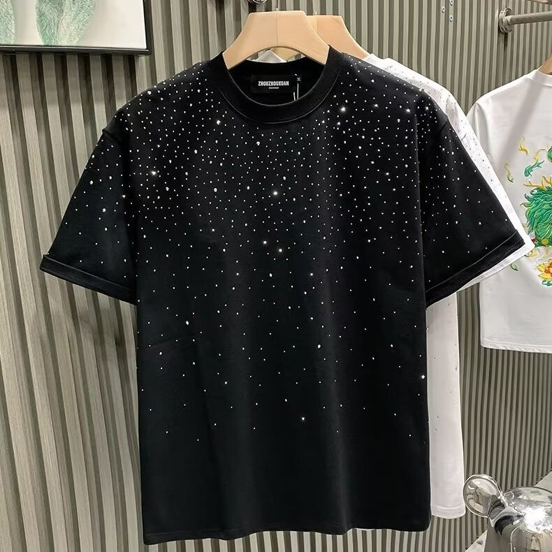 White Men's Rhinestone Star Graphic T-Shirt Loose Fit Summer Tee