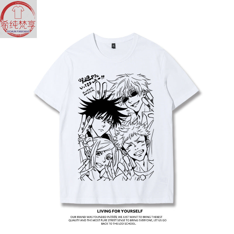 White Jujutsu Kaisen Anime Graphic T-Shirt Loose Fit Casual Tee Men