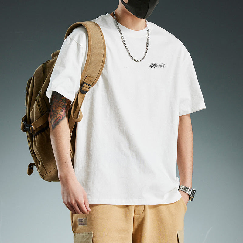White Men's Heavyweight Cotton Graphic T-Shirt Loose Fit Crew Neck