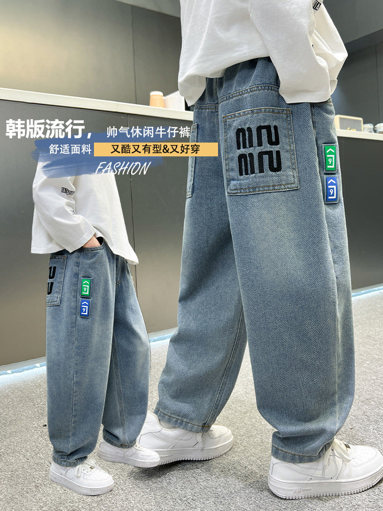 Boys Cotton High Waist Enzyme Wash Jeans Casual Pants