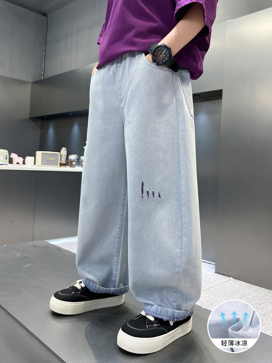 Boys Ripped Straight Leg Denim Summer Casual Trend Pants