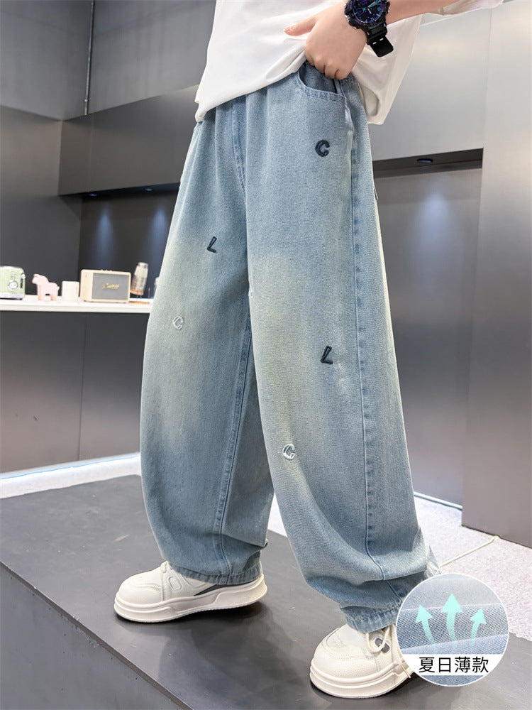 Boys Ice Silk Cotton Denim Pants Lightweight Summer Trousers