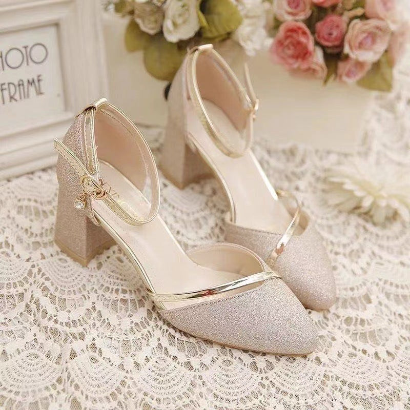 Silver Women's Closed Toe Cutout Block Heel Buckle Strap Sandals
