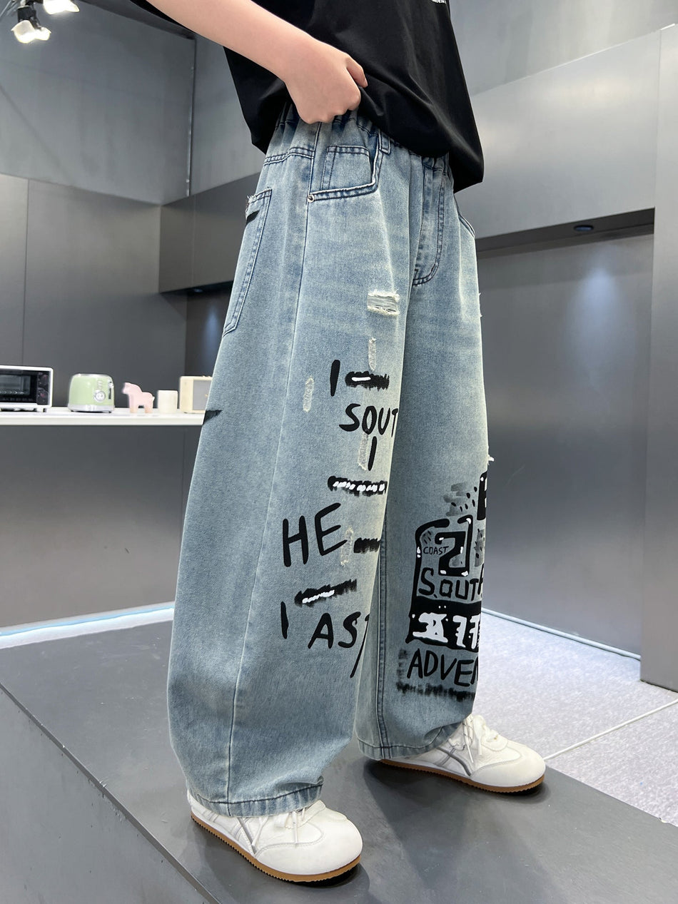 Boys Ripped Straight-Leg Denim Pants Summer Korean Style