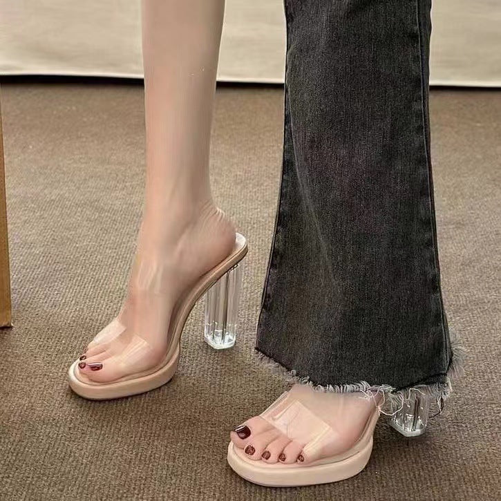 Women's Crystal Platform Block Heel Slide Sandals