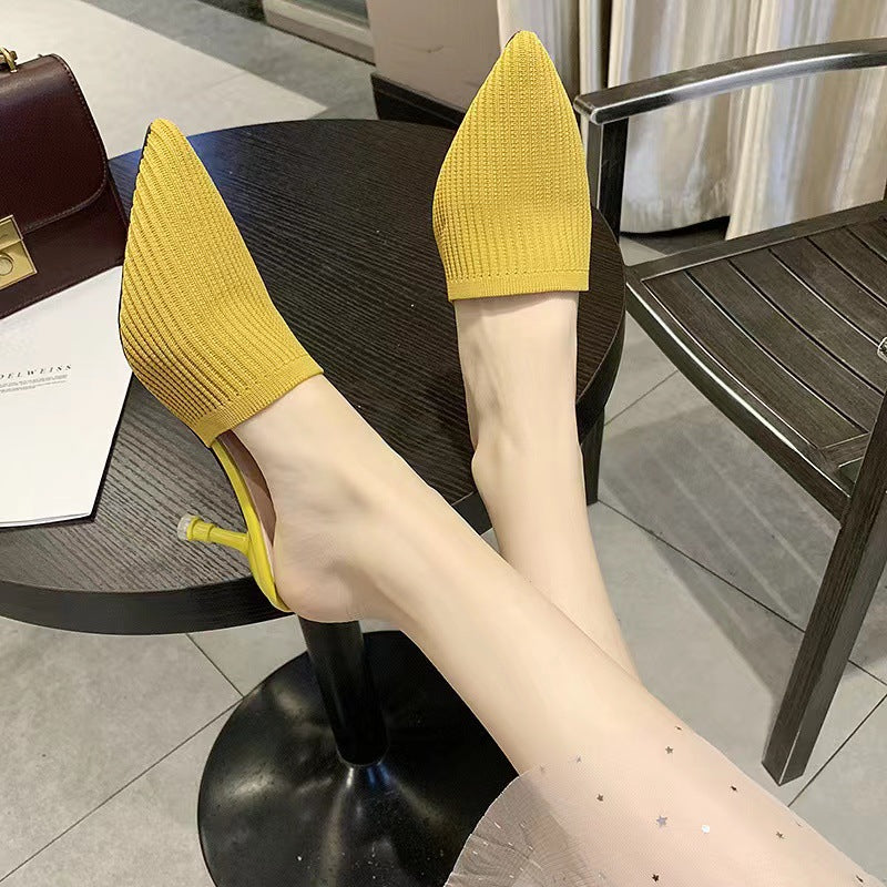 Yellow Women's Braided Pointed Toe Stiletto Mule Heels