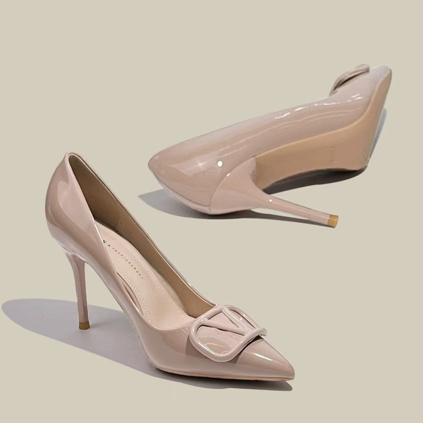 Apricot 7cm Women's Nude Pointed Toe V-Buckle French Stiletto Heels