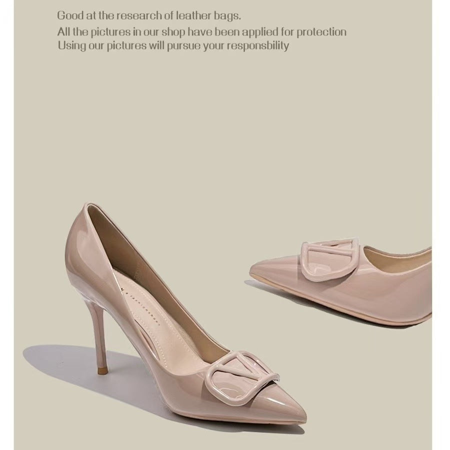 Women's Nude Pointed Toe V-Buckle French Stiletto Heels