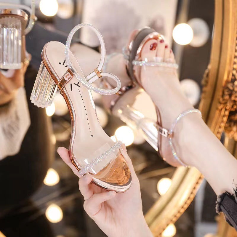 Women's Crystal Transparent French Style Block Heel Sandals