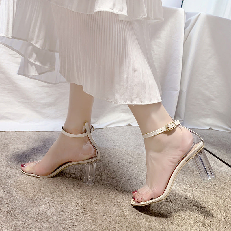 Black Women's Transparent Crystal Chunky Heel Summer Sandals