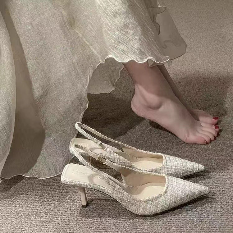 Creamy-white Women's French Style Pointed Toe Stiletto Heel Sandals