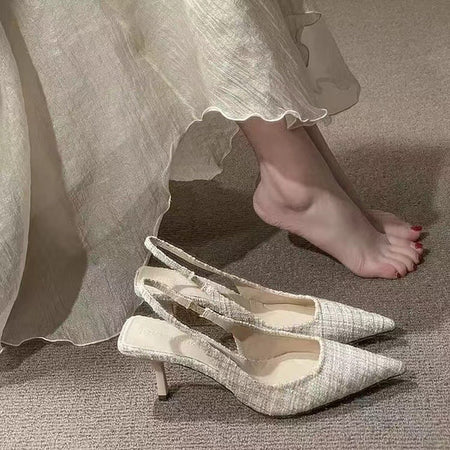Creamy-white Women's French Style Pointed Toe Stiletto Heel Sandals