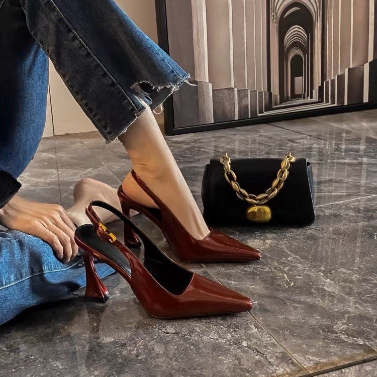 black Women's Burgundy Patent Leather Pointed Toe Stiletto Sandals