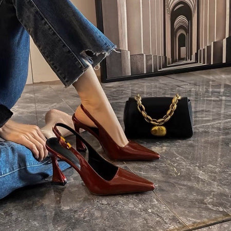 black Women's Burgundy Patent Leather Pointed Toe Stiletto Sandals