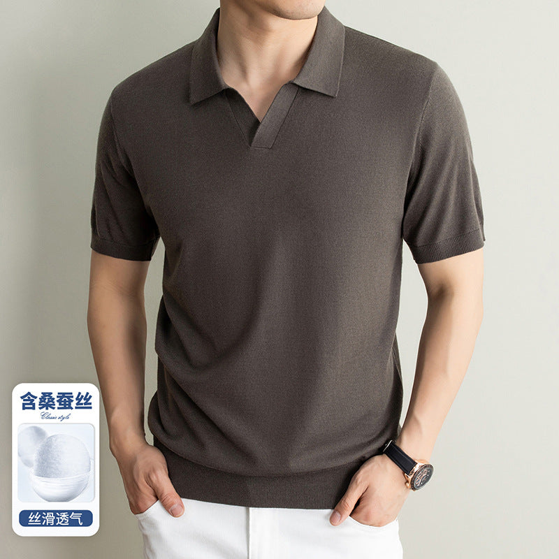 Men's Silk Wool Blend Knitted Short Sleeve Polo Shirt