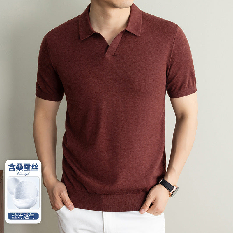 Men's Silk Wool Blend Knitted Short Sleeve Polo Shirt