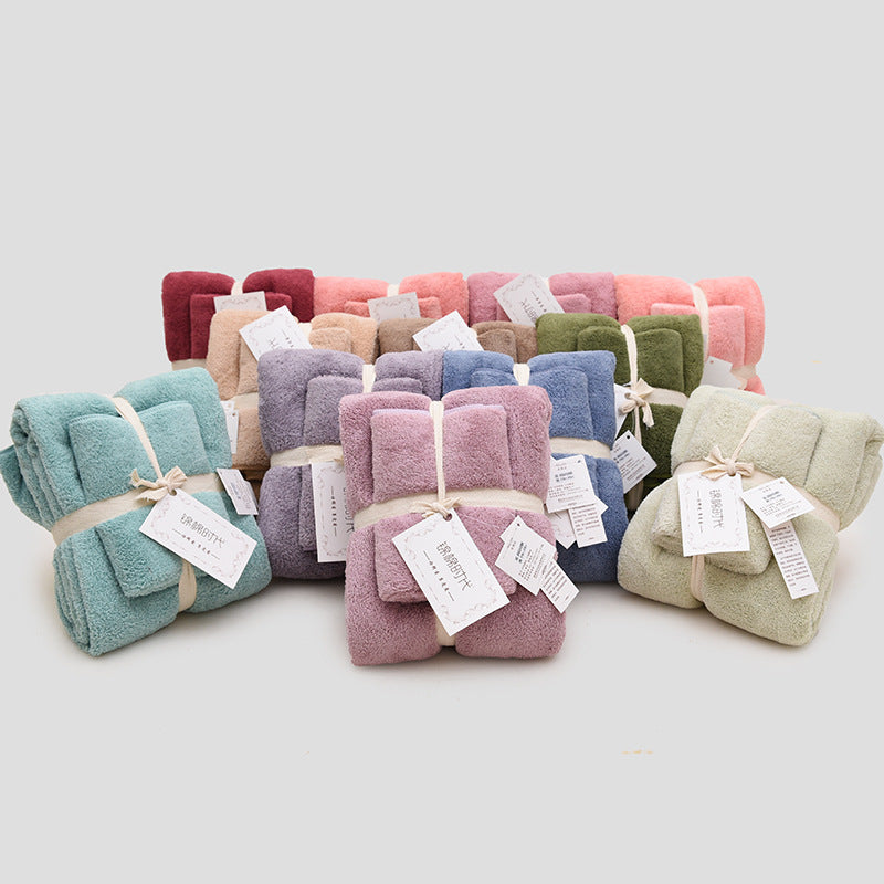 Pink Embroidered Logo Coral Fleece Bath Towel Set Thick Soft