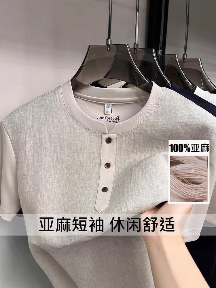 Men's 100% Linen Three-Button Crew Neck Short Sleeve T-Shirt