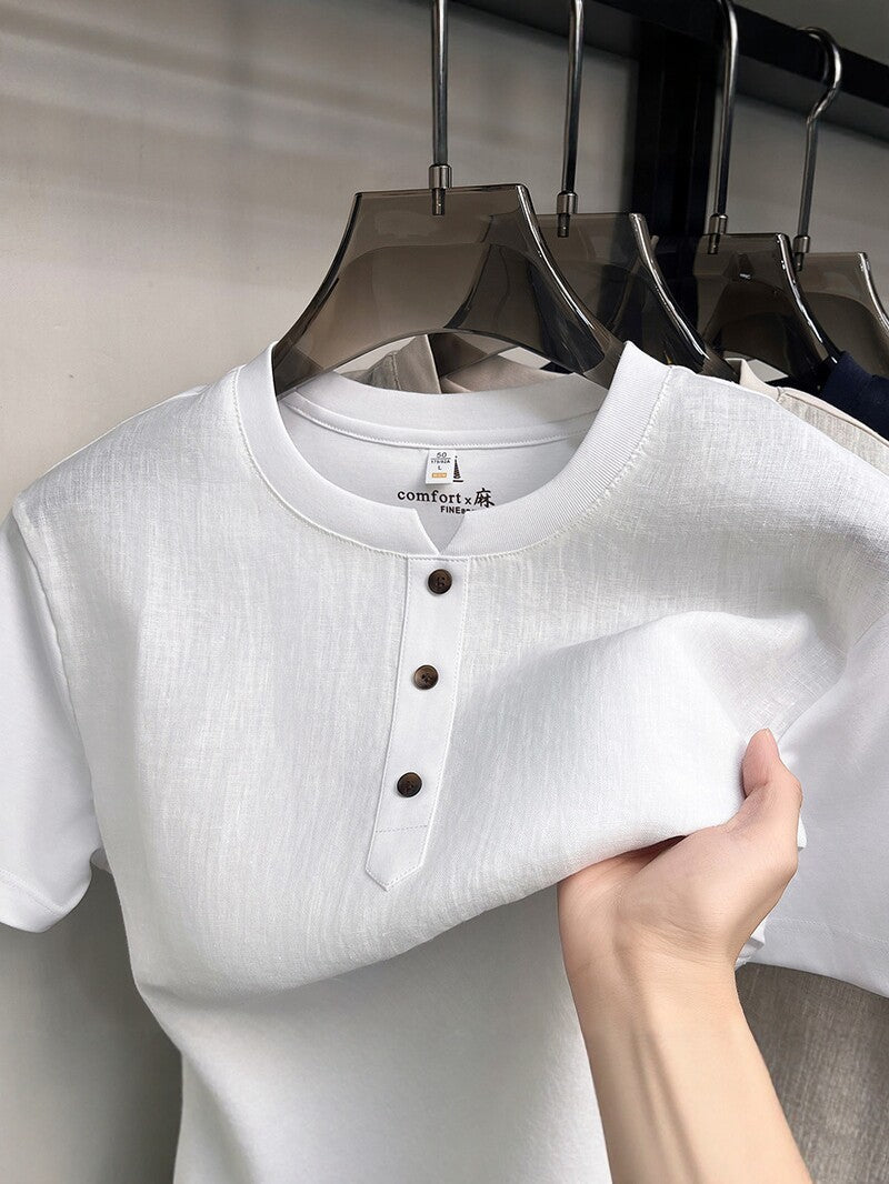 Men's 100% Linen Three-Button Crew Neck Short Sleeve T-Shirt