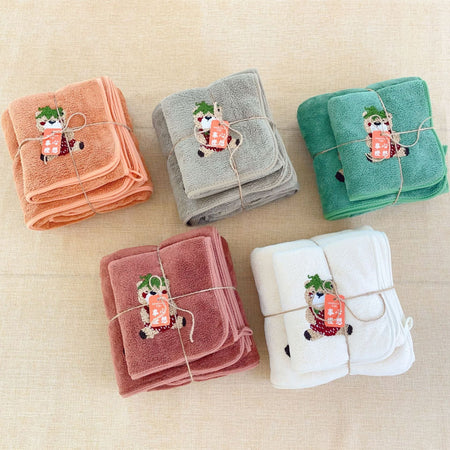 White Cute Bear Embroidered Coral Towel Set Thick Absorbent Design