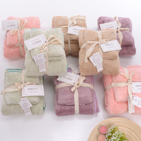Pink Coral Fleece Bath Towel Set Absorbent Daily Use Gift Pack