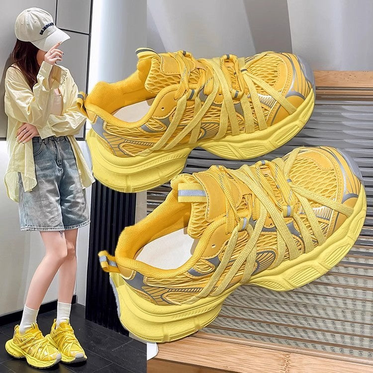 Yellow Women's Breathable Mesh Lace-Up Outdoor Sneakers Casual Style